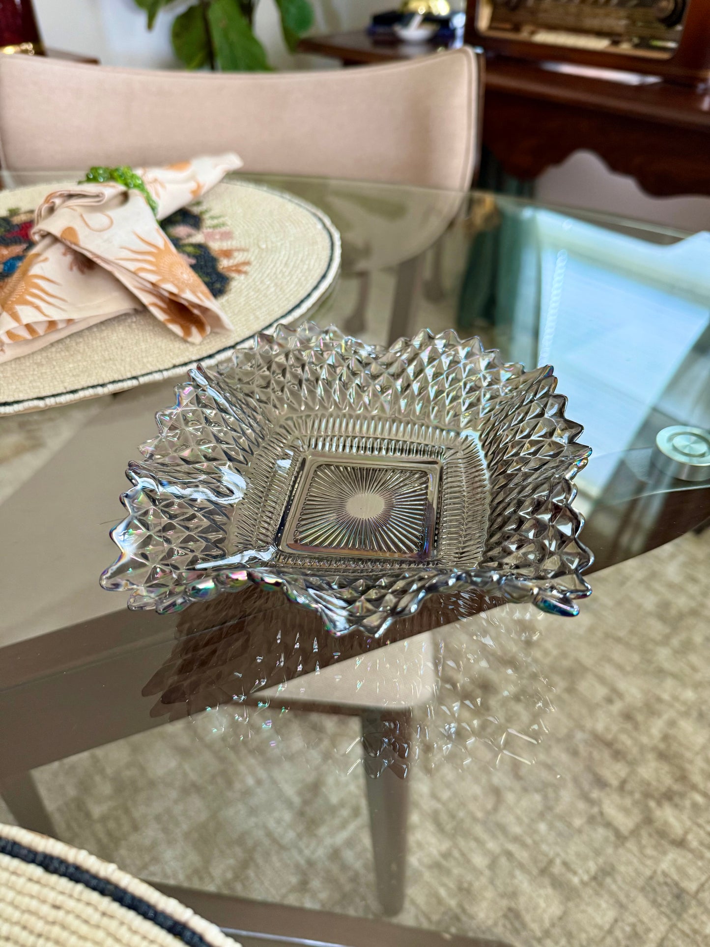 Vintage Indiana Glass Smoked Black Diamond Carnival Glass Point Square Bowl