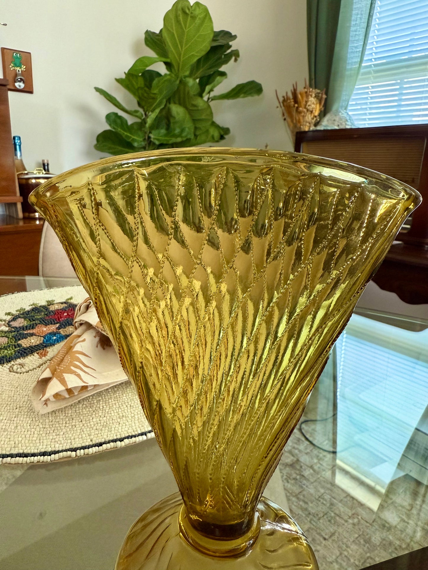 Vintage Amber Depression Glass Fan Vase