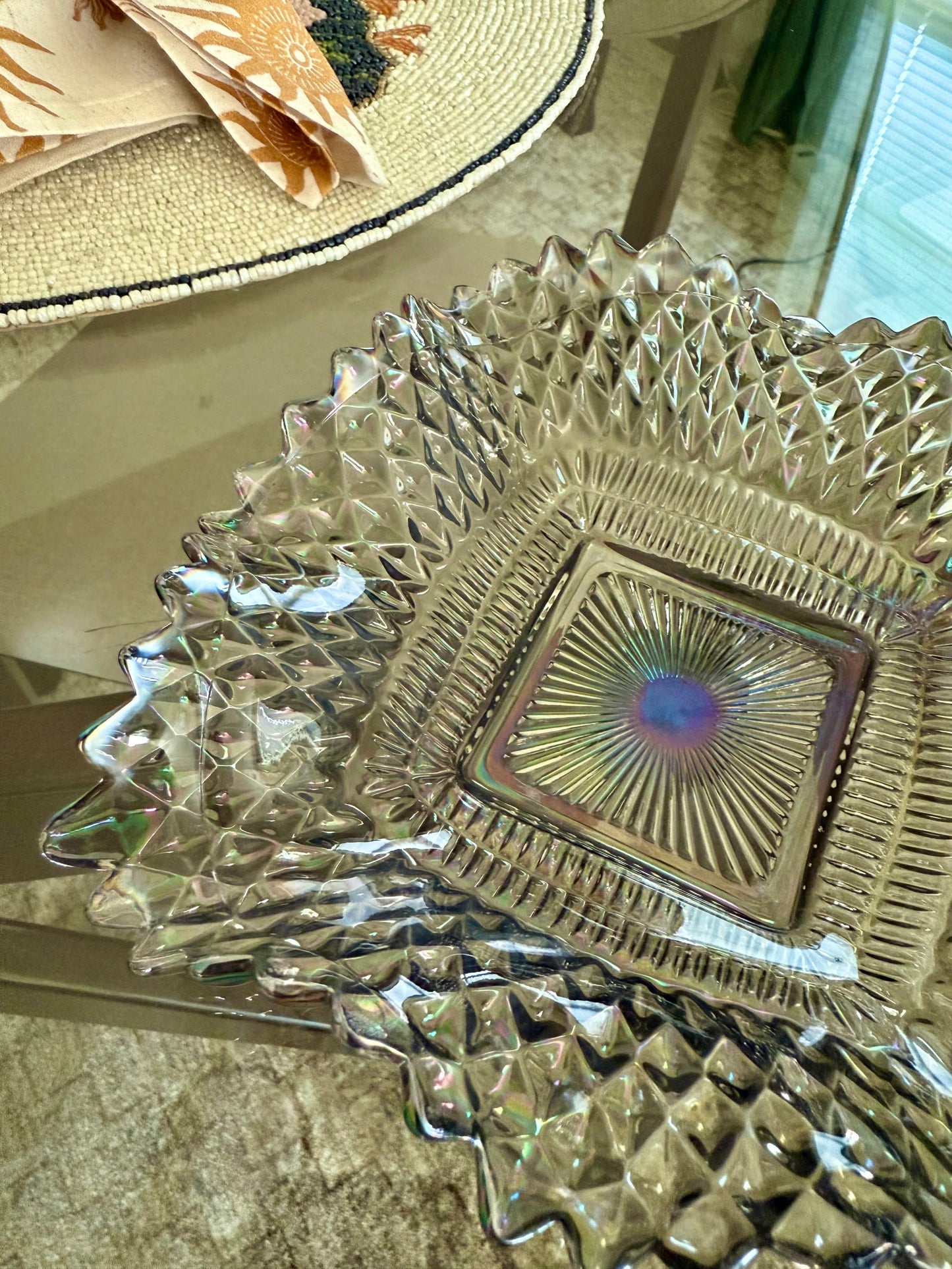 Vintage Indiana Glass Smoked Black Diamond Carnival Glass Point Square Bowl