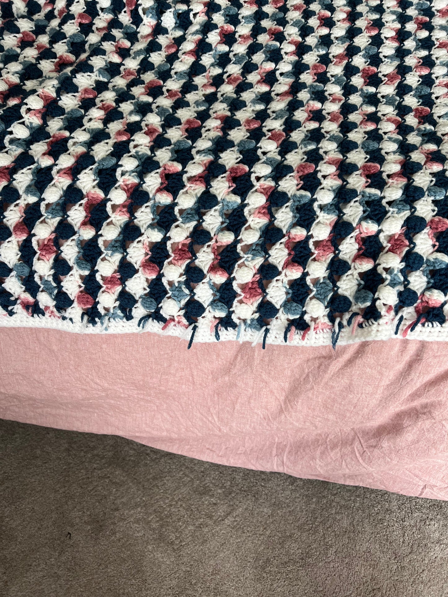 Vintage Afghan, Blue/White/Pink