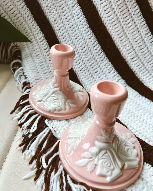 Wedgewood Jasperware Style Pink & White Candlesticks (Set of 2)