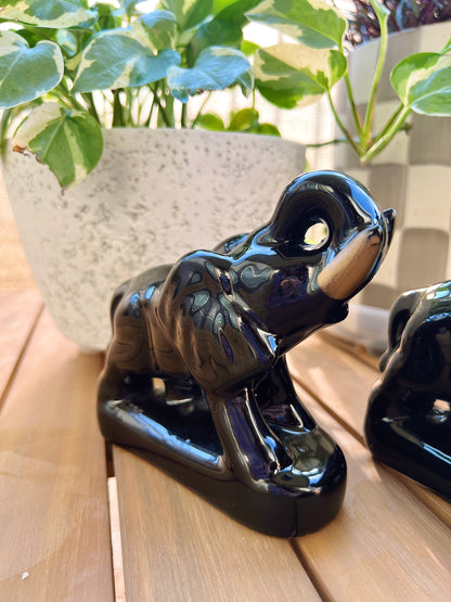 Mid Century Modern Black Ceramic Elephants with Gold Tusks (set of 2)