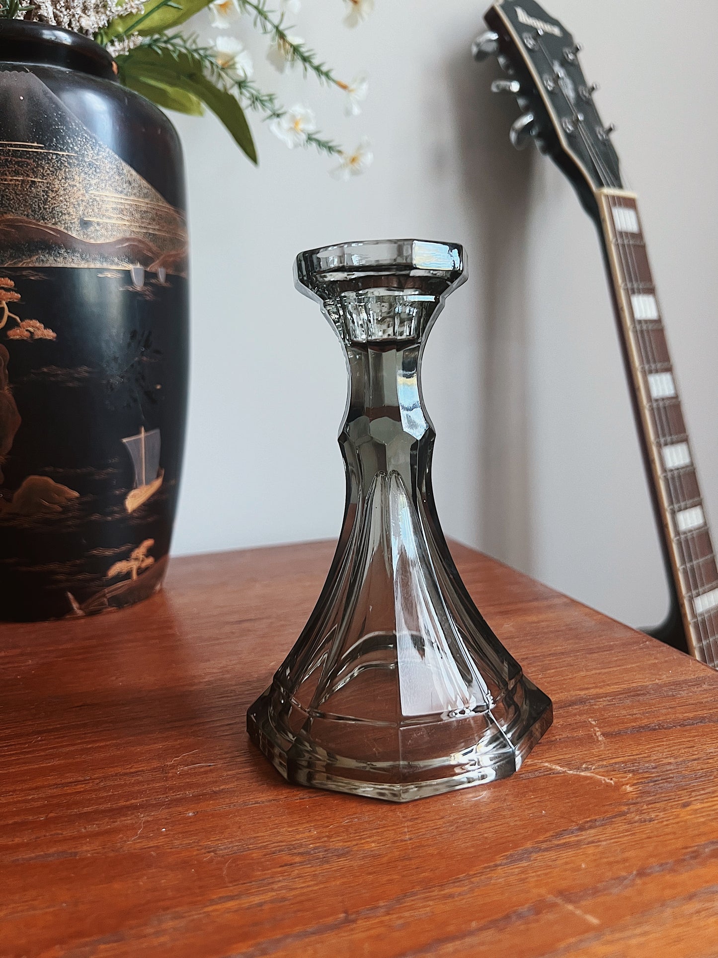 1970s Janis + Joni Smokey Glass Candle Stick Holder