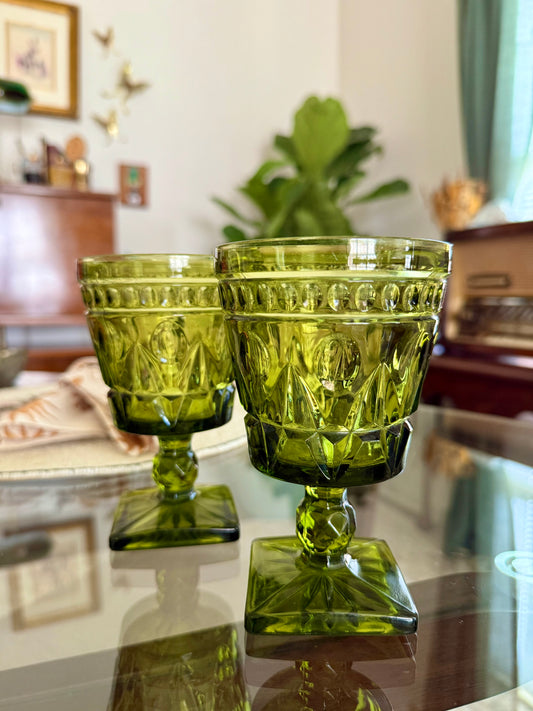 Vintage Avocado Green Indiana Glass Colony Park Lane Water Goblets - (set of 2)