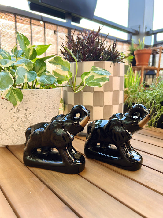 Mid Century Modern Black Ceramic Elephants with Gold Tusks (set of 2)