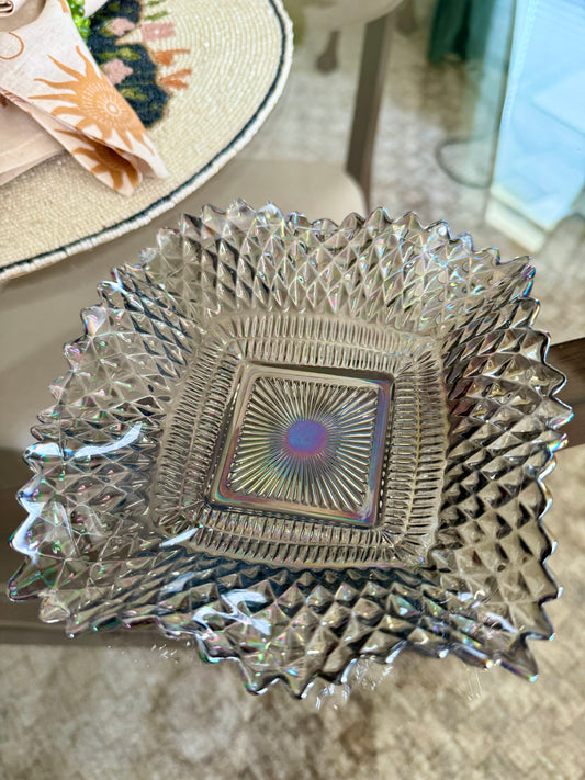 Vintage Indiana Glass Smoked Black Diamond Carnival Glass Point Square Bowl